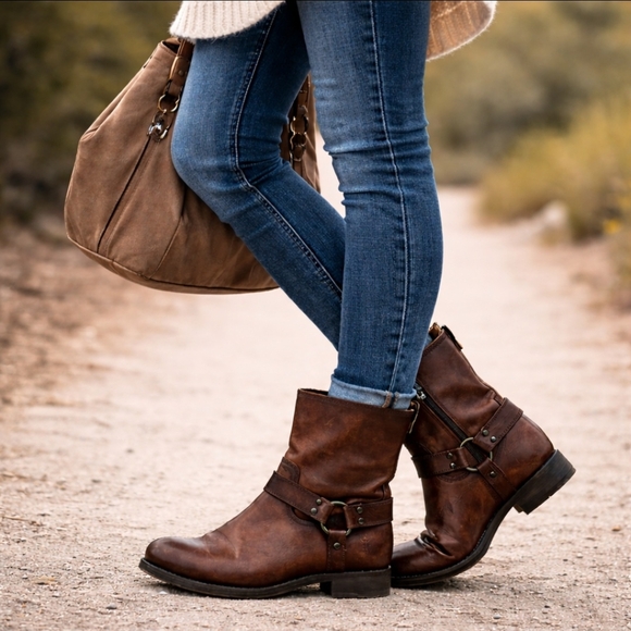 Frye Shoes - Frye Brown Leather Harness Boots Moto Western Riding  Boots Women's Size 10